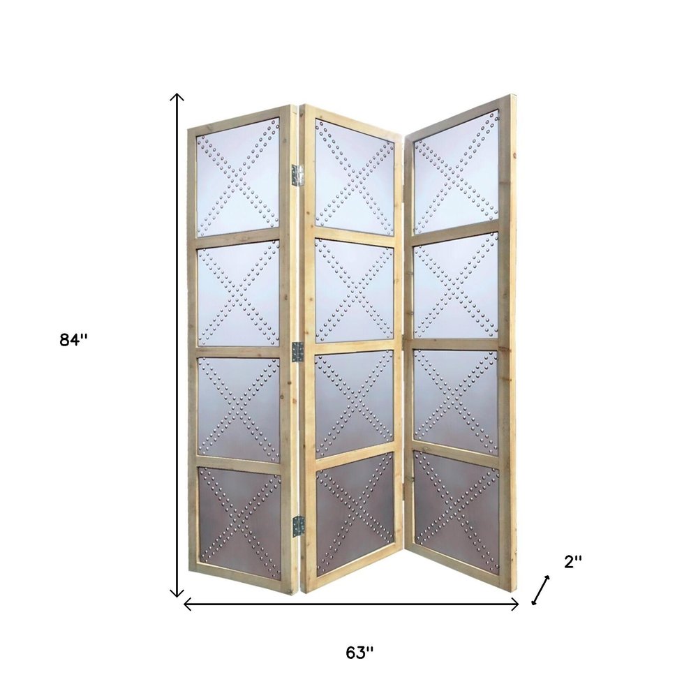 84" Silver Folding Three Panel Screen Room Divider
