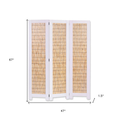 67" White and Natural Manufactured Wood Folding Three Panel Screen Room Divider