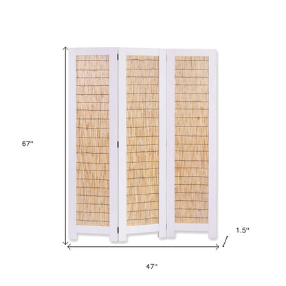 67" Natural And White Wood Folding Three Panel Screen Room Divider