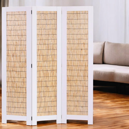 67" White and Natural Wood Folding Three Panel Screen Room Divider