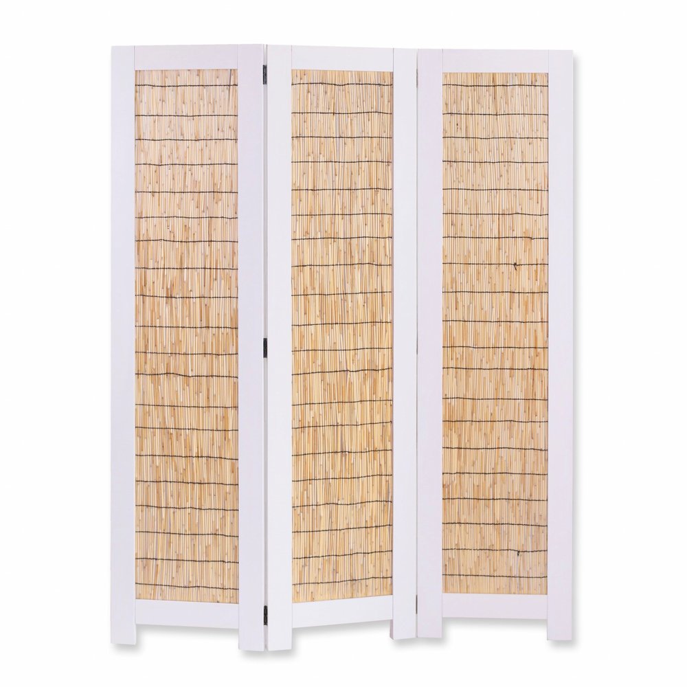 67" White and Natural Manufactured Wood Folding Three Panel Screen Room Divider