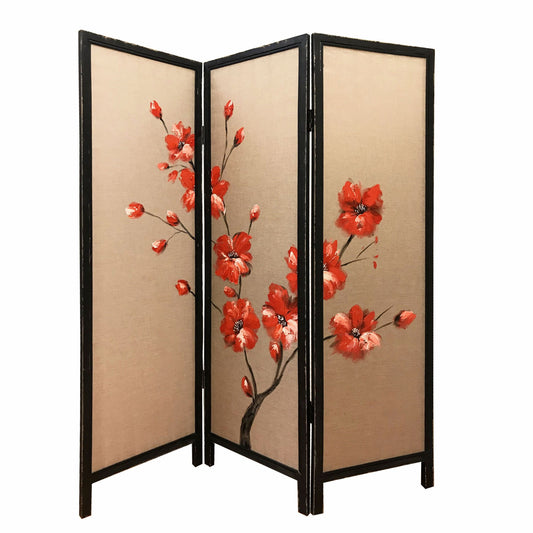 60 X 1 X 63 Brown Fabric And Wood Blooming  3 Panel Screen