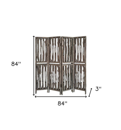 84" Brown Wood Folding Four Panel Screen Room Divider