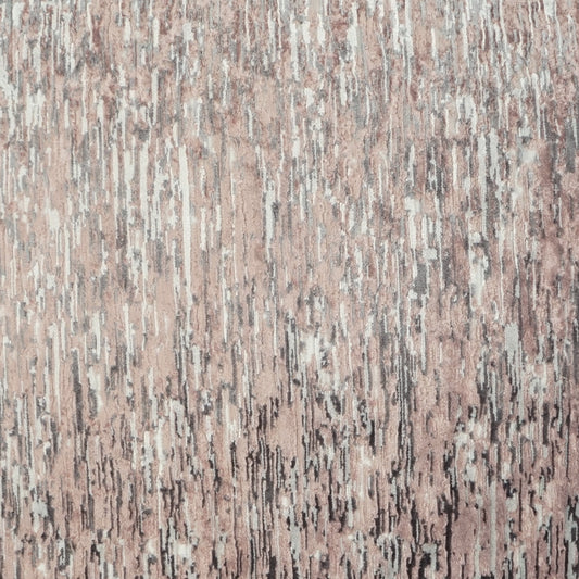 Pink-beige fabric with irregular gray vertical streaks; textured upholstery textile with subtle metallic sheen.