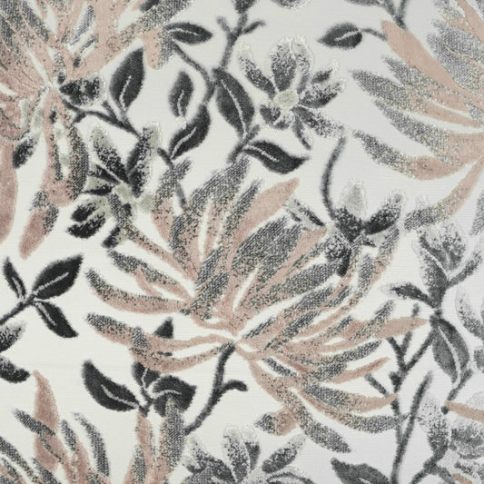 Beige, gray and black leafy botanical fabric pattern on white; versatile for upholstery or drapery.