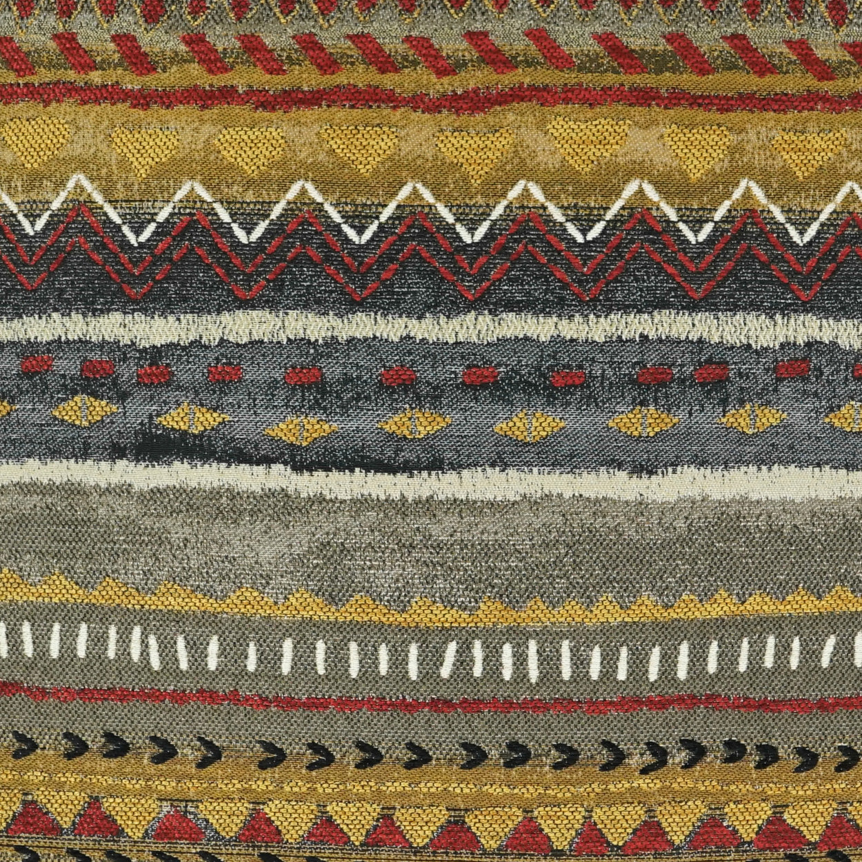 Textured woven fabric with tribal geometric stripes in red, gold, gray and black; ideal for upholstery or decor.