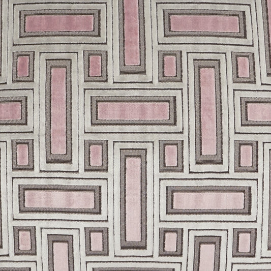 Geometric fabric pattern with soft pink rectangular blocks outlined by gray borders in a maze-like grid.