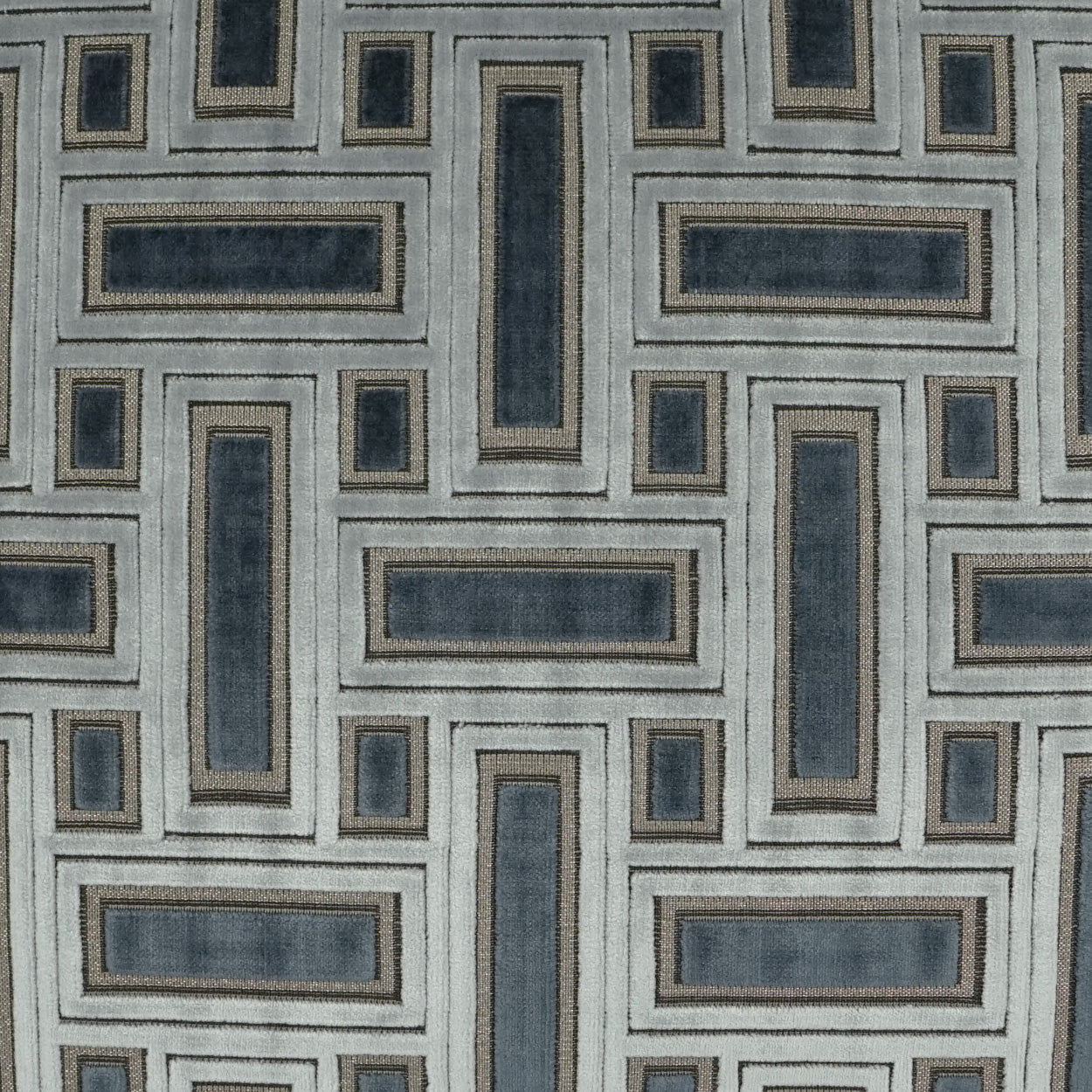 Geometric grey and blue fabric with nested rectangular blocks; modern upholstery textile.