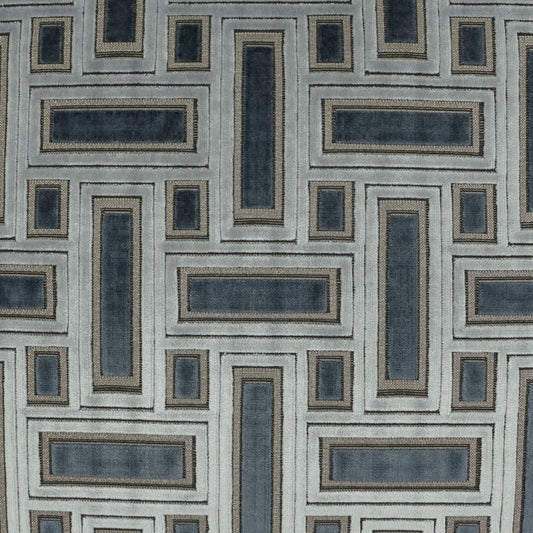 Geometric grey and blue fabric with nested rectangular blocks; modern upholstery textile.