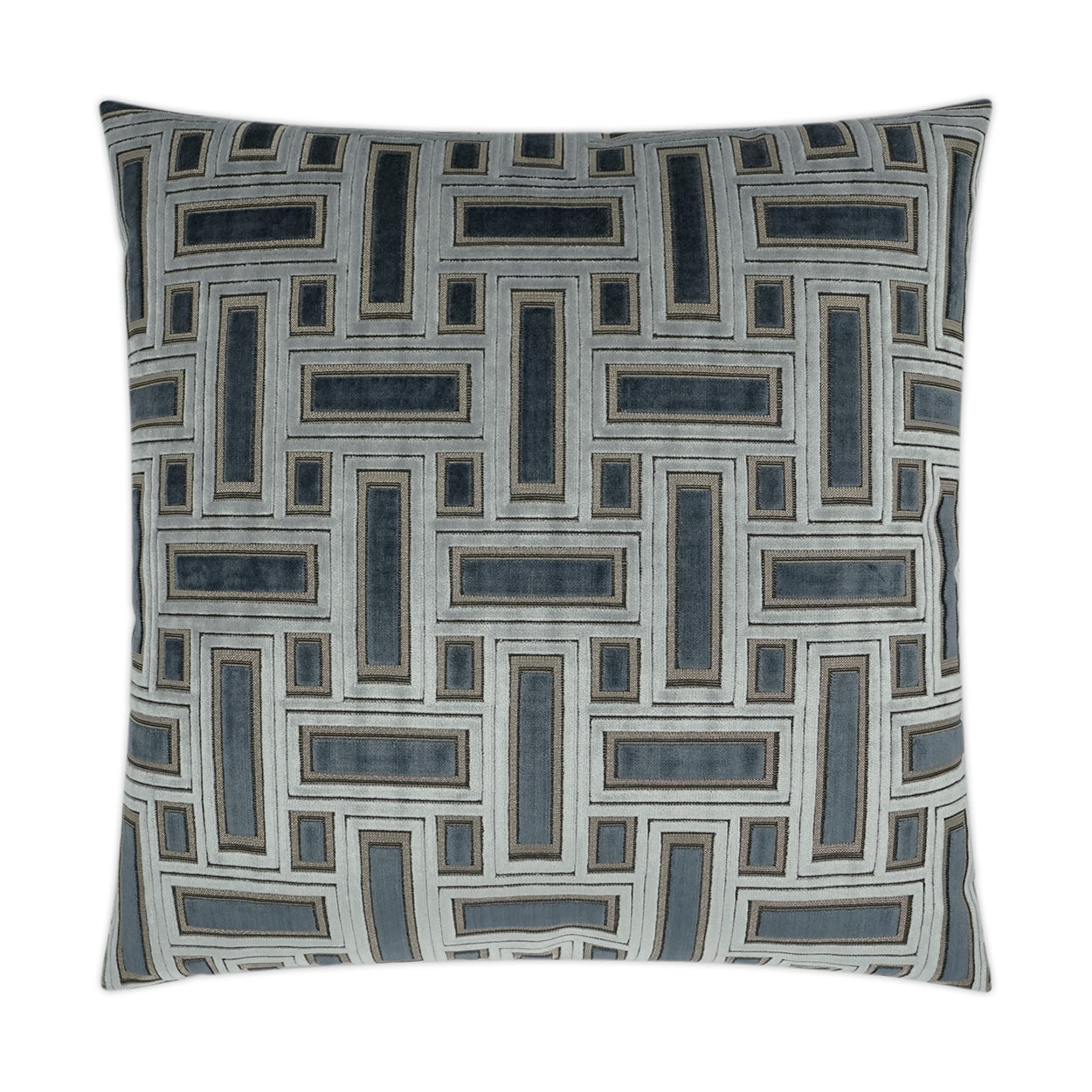 Square decorative throw pillow in gray with blue and charcoal rectangular geometric pattern; textured fabric.