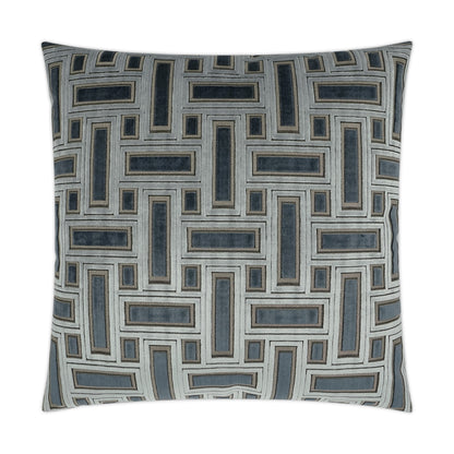 Square decorative throw pillow in gray with blue and charcoal rectangular geometric pattern; textured fabric.