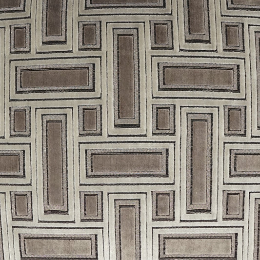 Geometric rectangle-patterned upholstery fabric in taupe, brown and beige tones; woven textile for sofas.