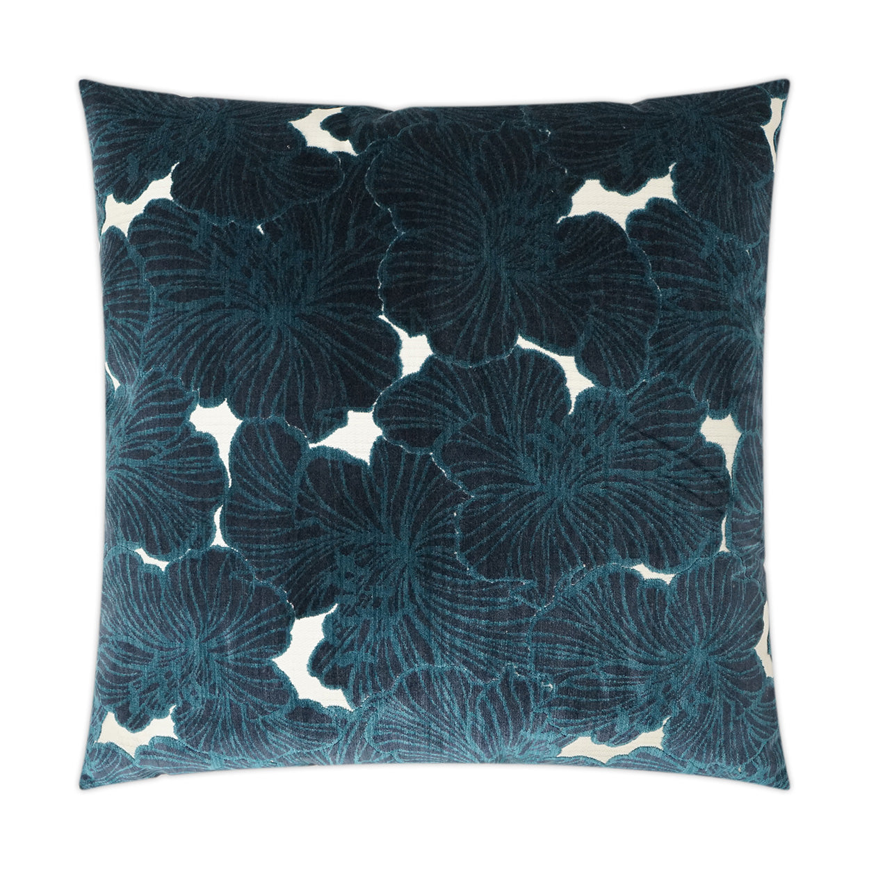 Square decorative pillow in deep teal velvet with a large teal floral print.