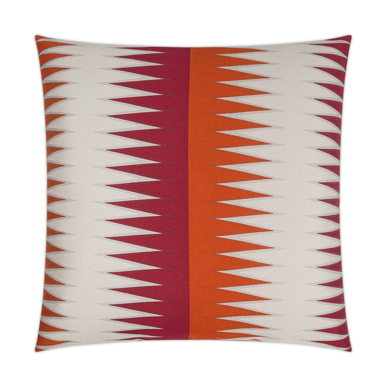 Square throw pillow with cream base and burgundy & orange vertical stripes flanked by bold zigzag chevrons.