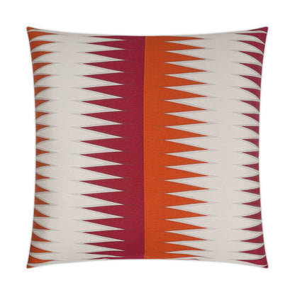 Square throw pillow with cream base and burgundy & orange vertical stripes flanked by bold zigzag chevrons.