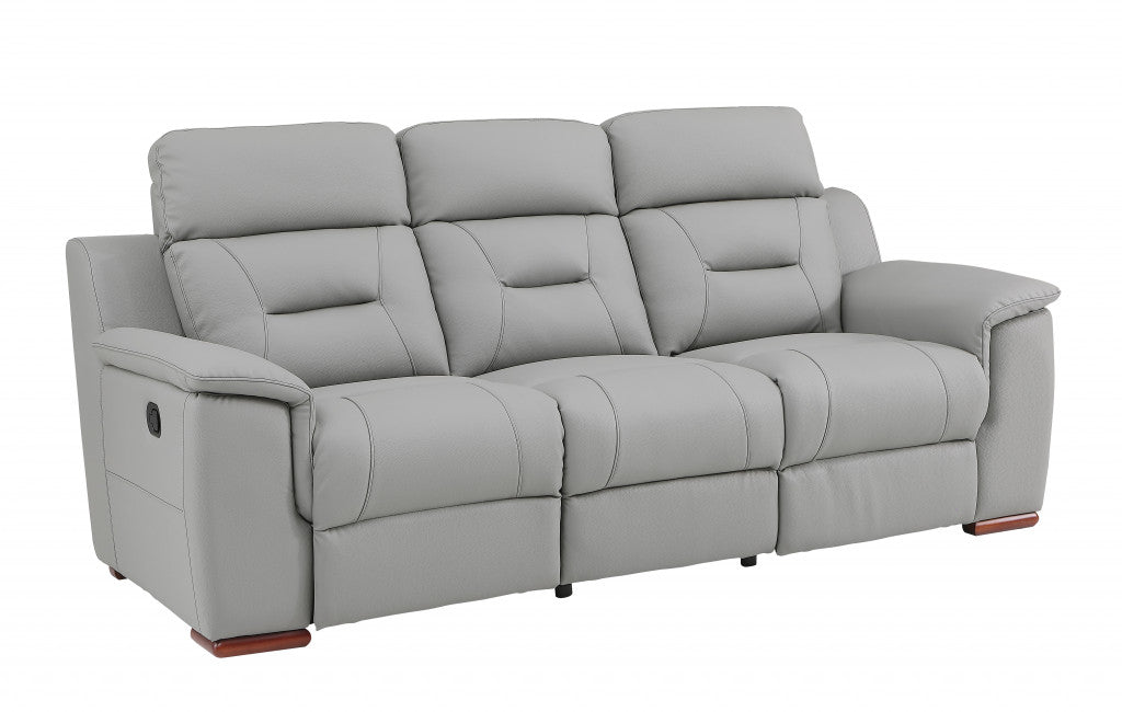 90" Gray Faux Leather Sofa With Brown Legs