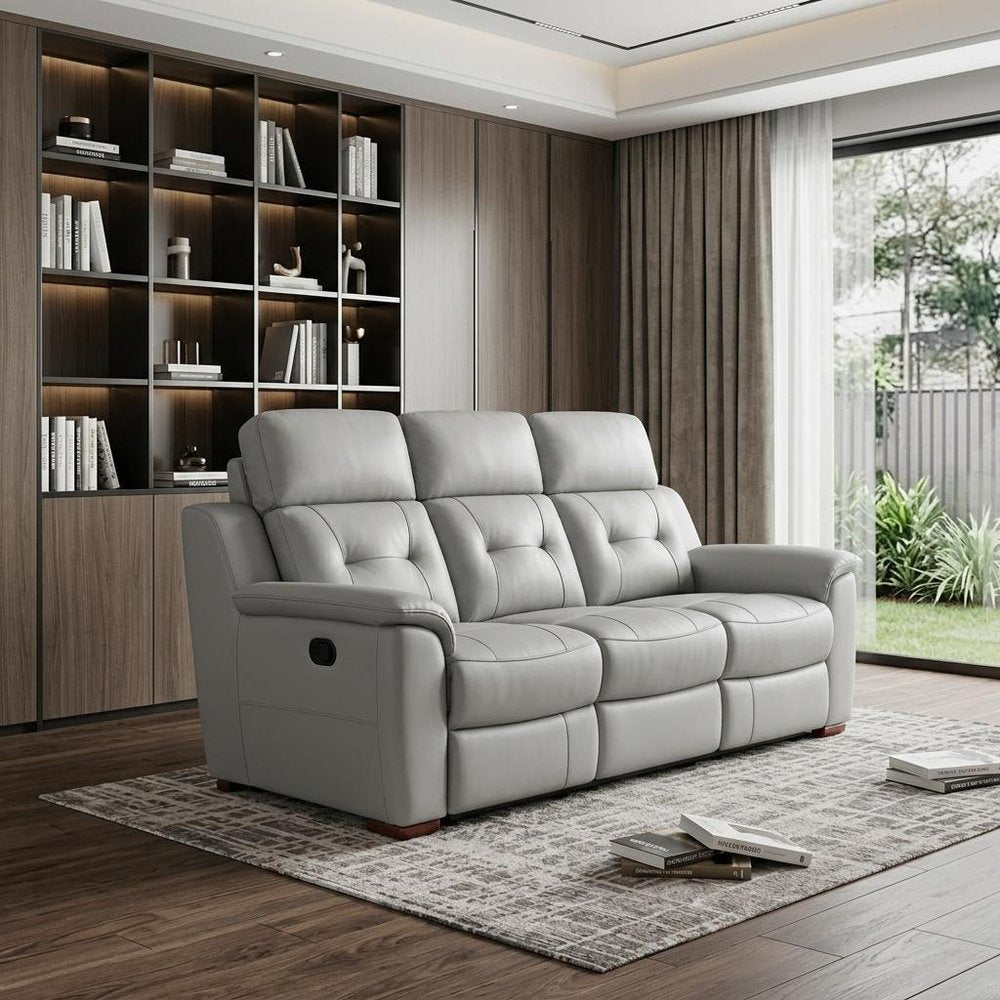 90" Gray Faux Leather Reclining Sofa With Brown Legs