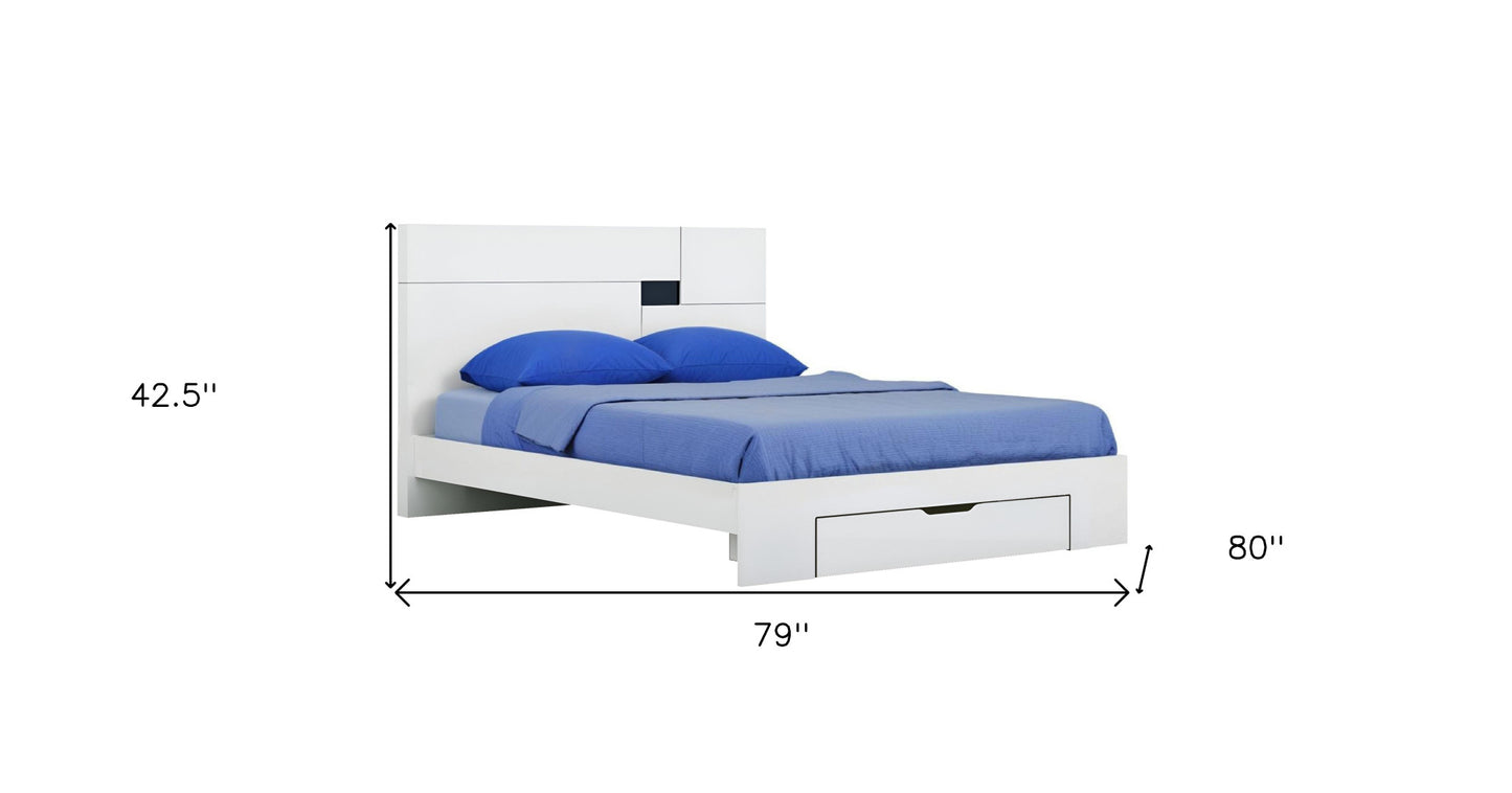 White Wood King Platform Bed Frame With Storage Drawer