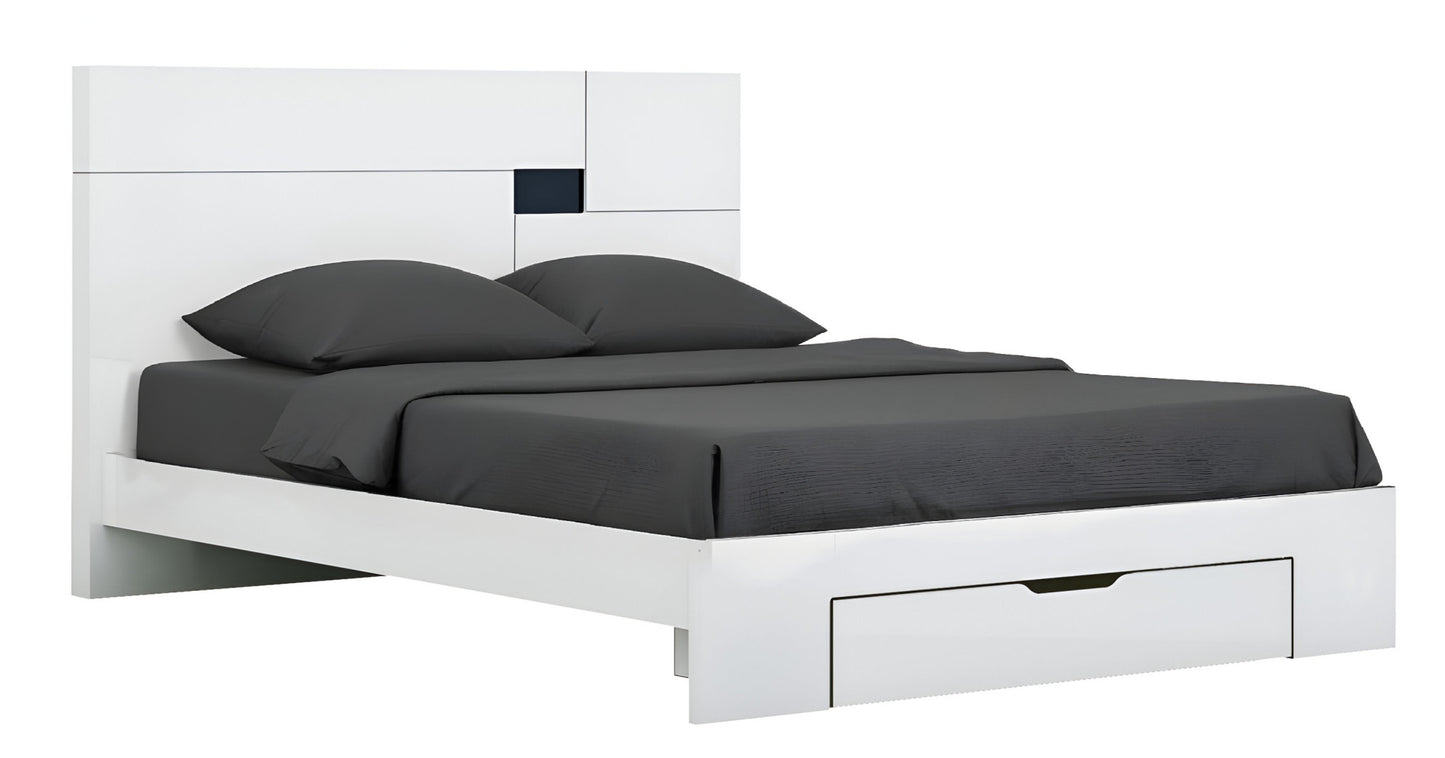 White Wood CA King Platform Bed Frame With Storage Drawer