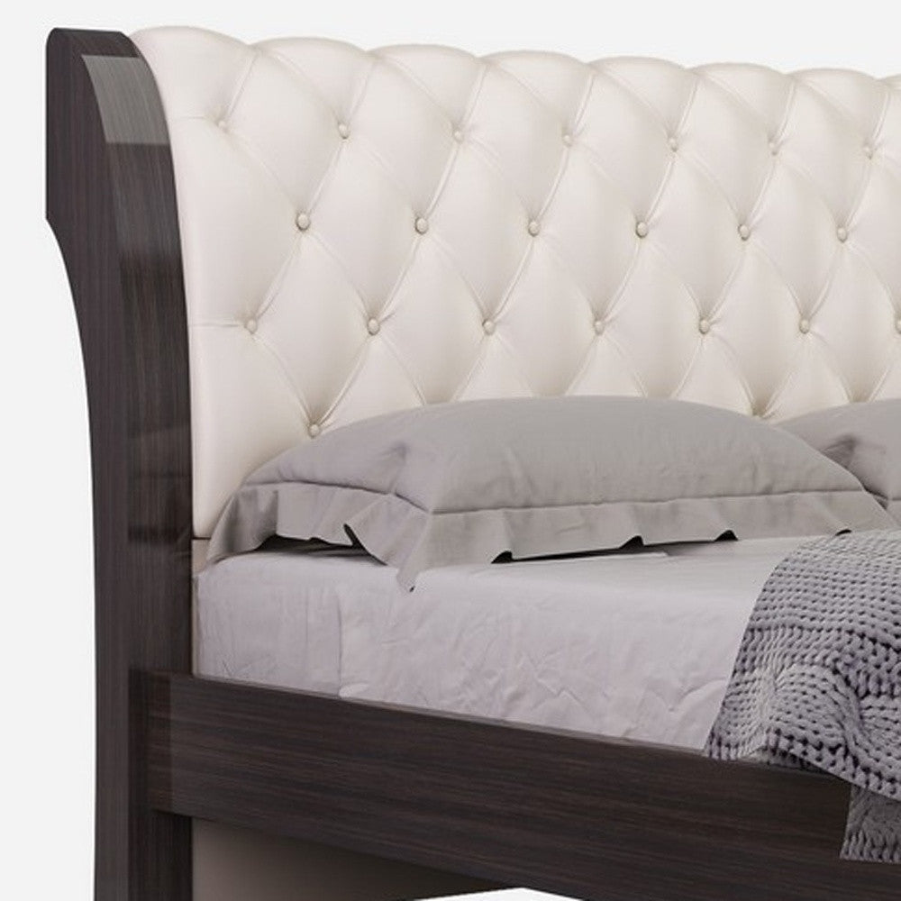 Solid Wood King Tufted Beige Upholstered Faux Leather Bed With Nailhead Trim