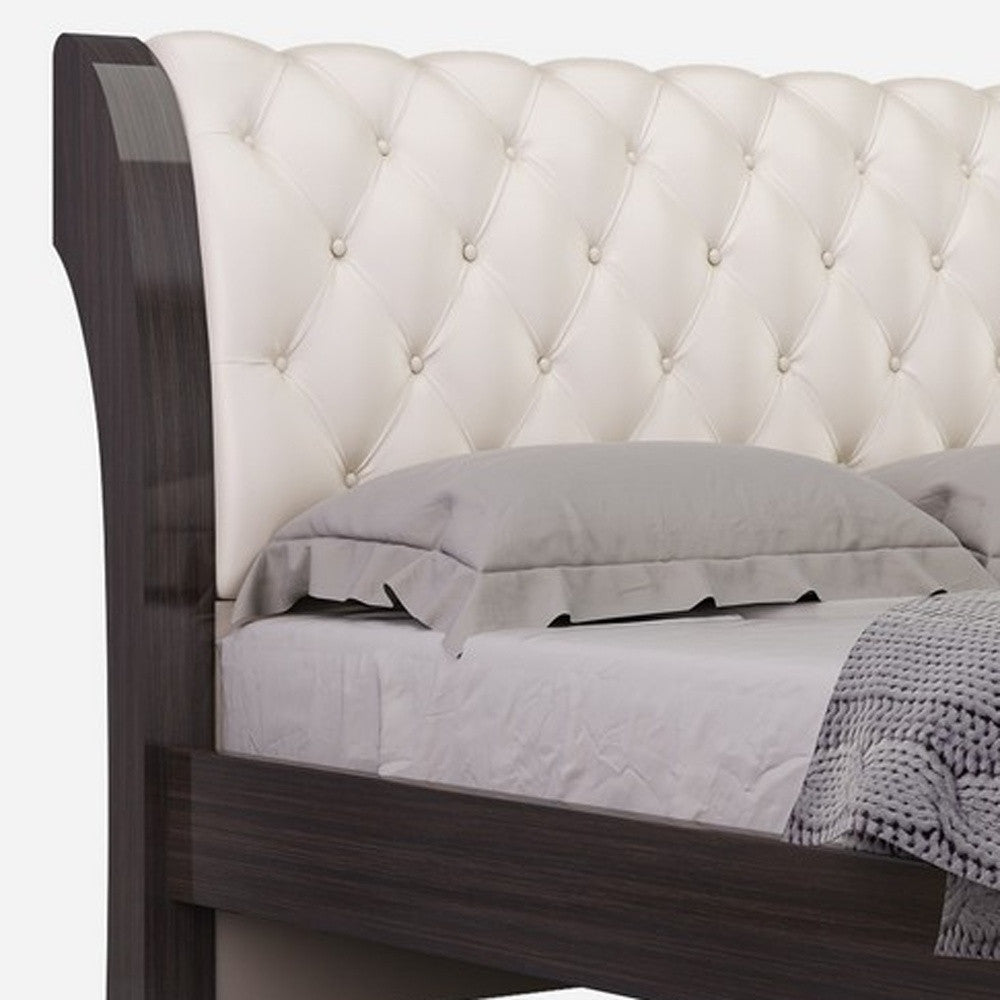 Solid Wood Queen Tufted Beige Upholstered Faux Leather Bed With Nailhead Trim