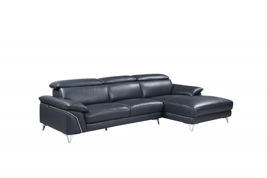 Navy Blue Italian Leather L Shaped Two Piece Sofa and Chaise Sectional