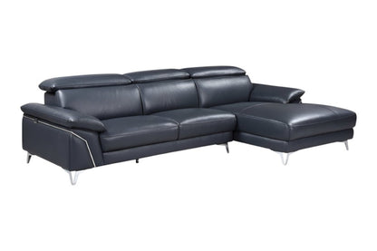 Navy Blue Italian Leather L Shaped Two Piece Sofa and Chaise Sectional