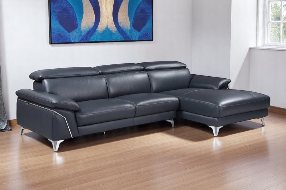 Navy Blue Italian Leather L Shaped Two Piece Sofa and Chaise Sectional