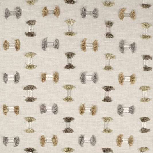 Light beige linen-like fabric with repeating small spool motifs in muted brown, grey, and olive tones.