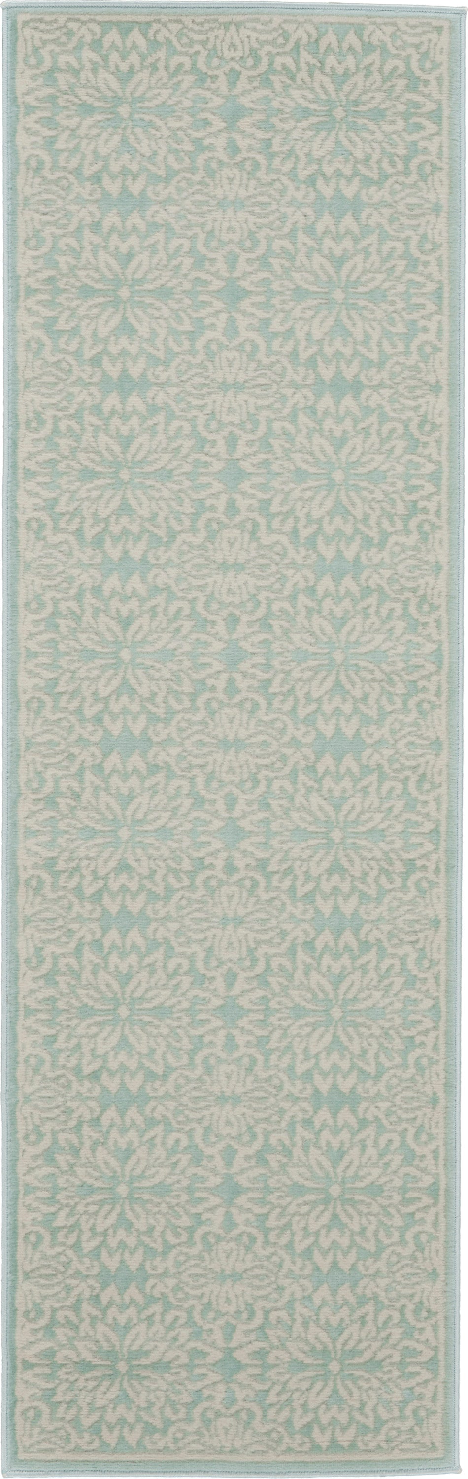Light blue and white damask patterned rug runner with pale border; soft textured textile for hallway.