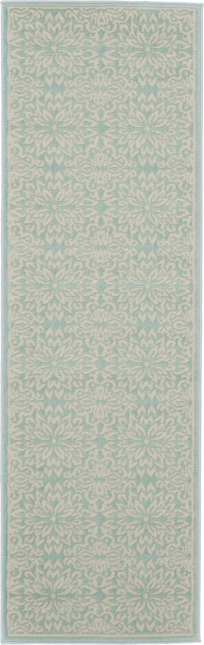 Light blue and white damask patterned rug runner with pale border; soft textured textile for hallway.
