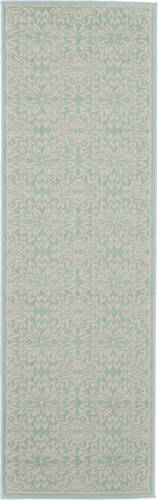 Light blue and white damask patterned rug runner with pale border; soft textured textile for hallway.