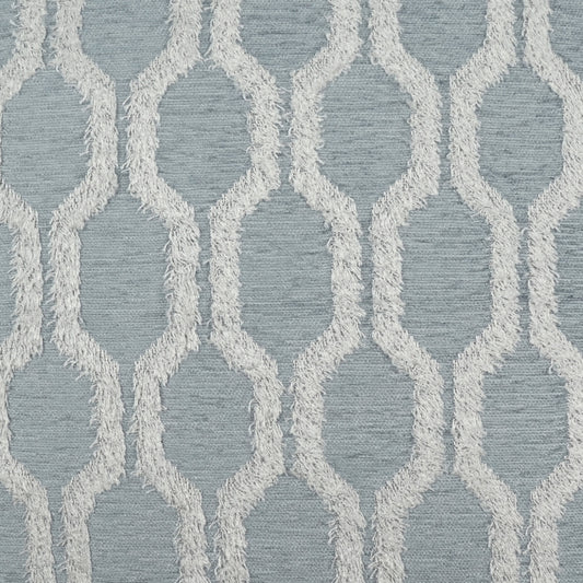 Blue-gray woven fabric with a white geometric trellis lattice pattern of elongated oval shapes.