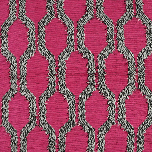 Magenta fabric with black-and-white rope lattice pattern forming elongated chain-link shapes.