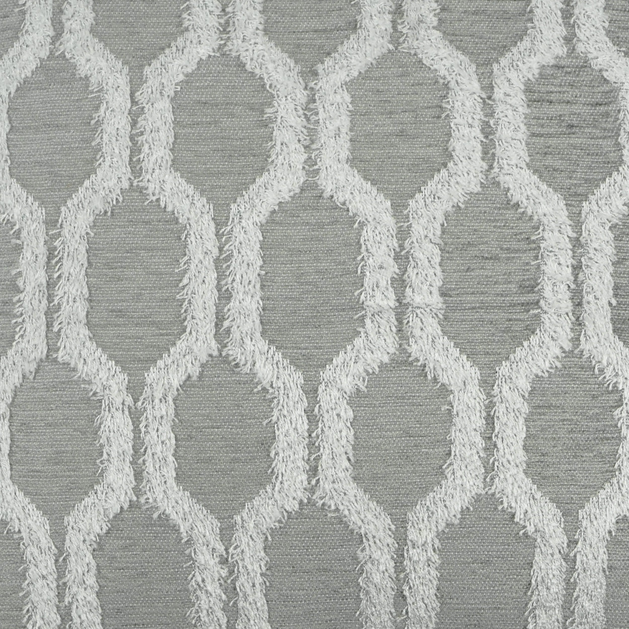 Grey woven upholstery fabric with a white trellis lattice pattern and textured finish.