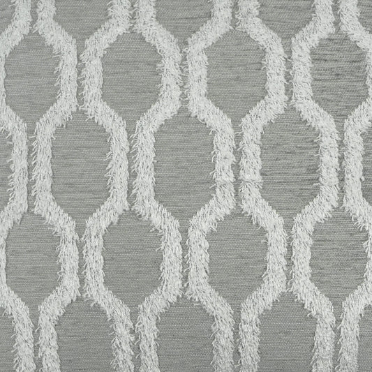 Grey woven upholstery fabric with a white trellis lattice pattern and textured finish.