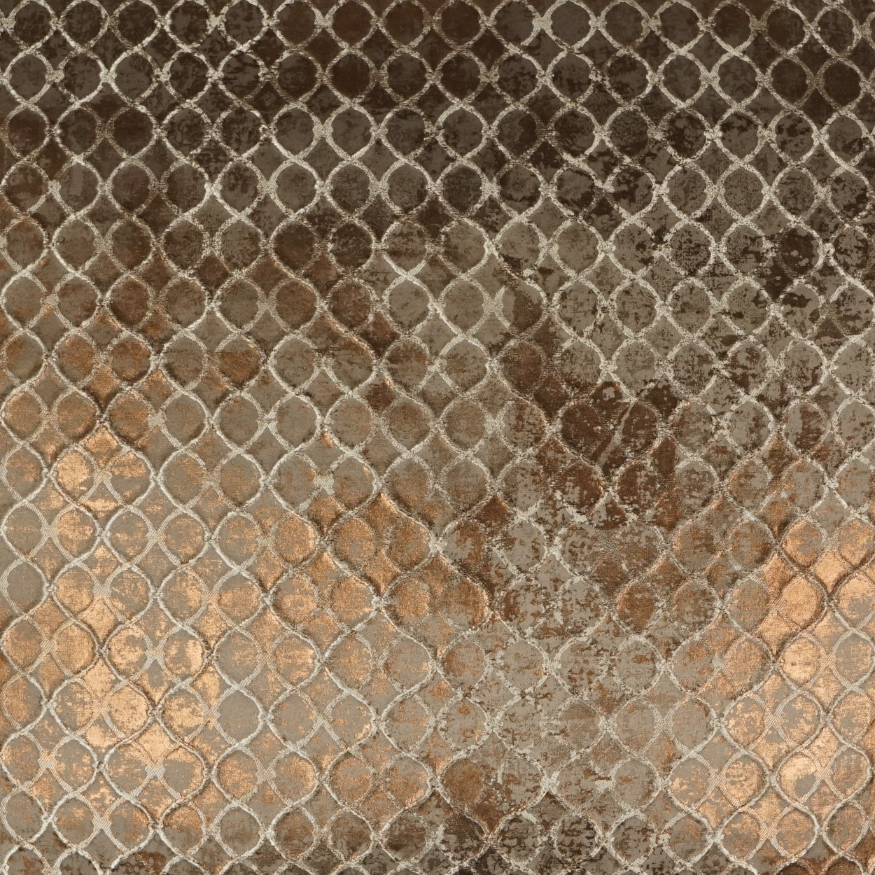 Bronze velvet fabric with a silver metallic chain-link grid pattern, luxurious textured upholstery material.