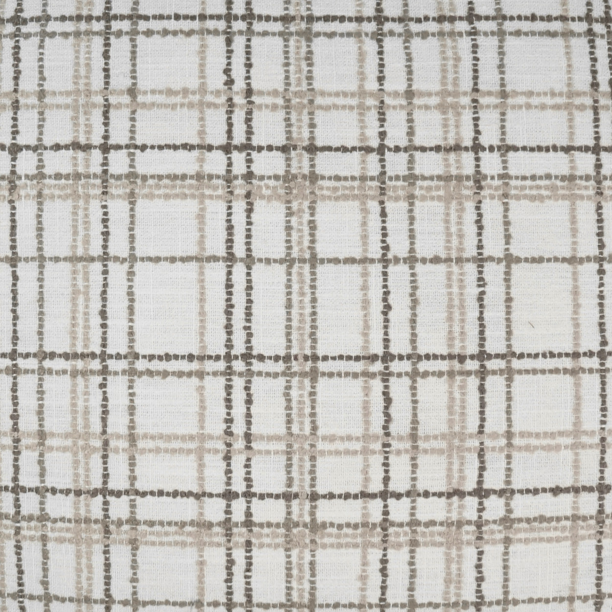 Cream-beige plaid woven fabric with taupe grid lines; classic check pattern for apparel & decor.
