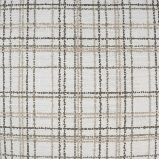 Cream-beige plaid woven fabric with taupe grid lines; classic check pattern for apparel & decor.