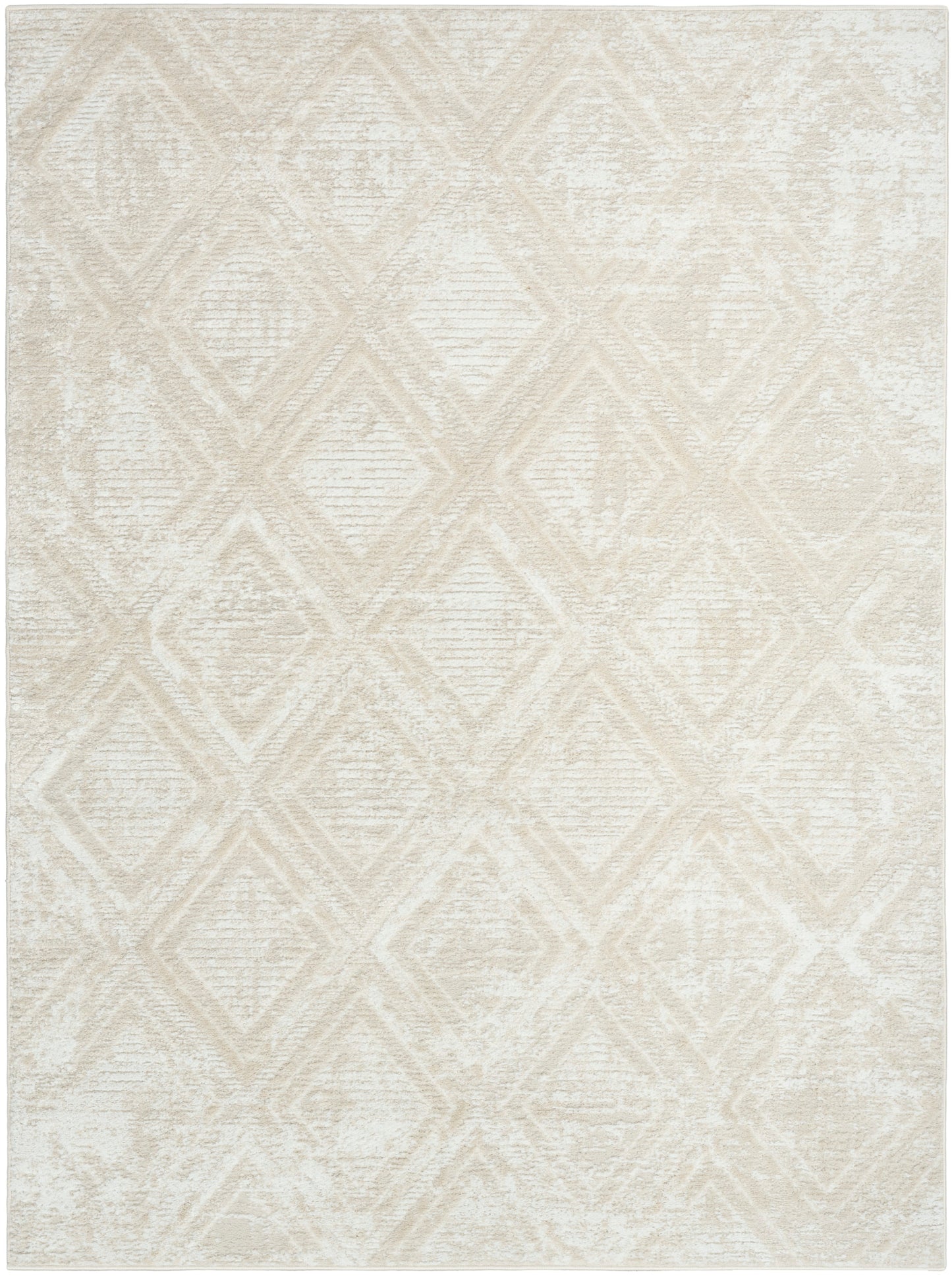 Beige distressed area rug with subtle diamond geometric pattern, rectangular shape, soft woven texture for living room decor.
