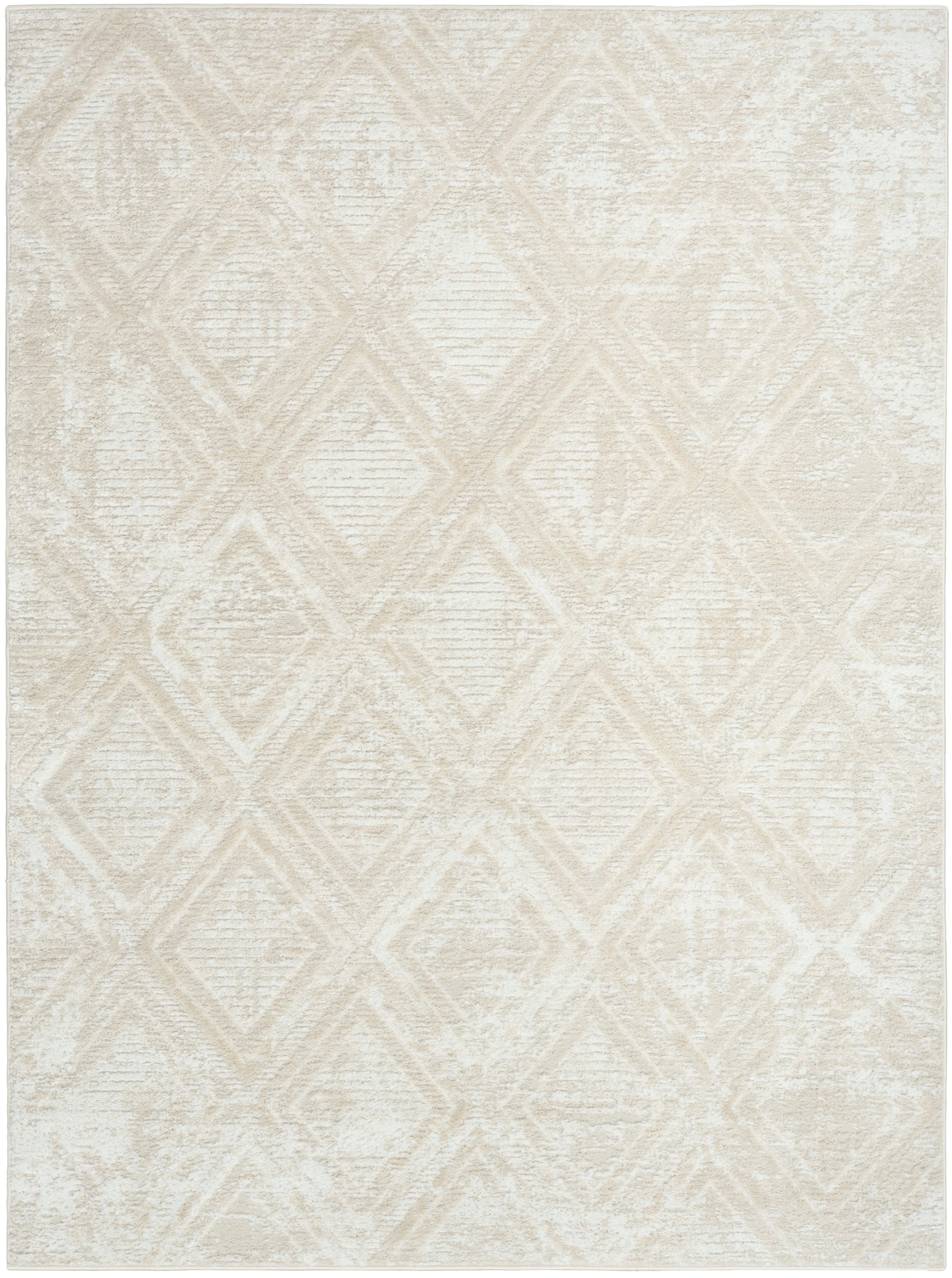Beige distressed area rug with subtle diamond geometric pattern, rectangular shape, soft woven texture for living room decor.