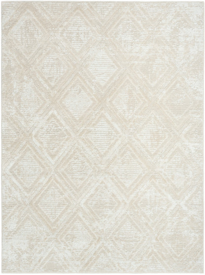 Beige distressed area rug with subtle diamond geometric pattern, rectangular shape, soft woven texture for living room decor.