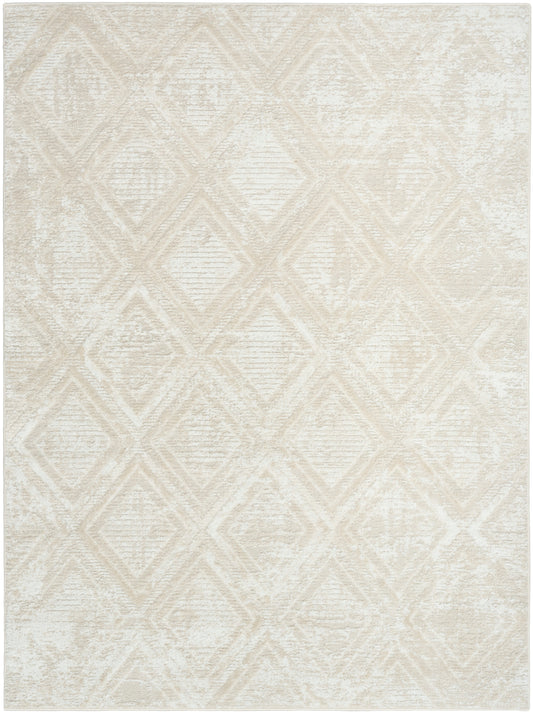 Beige distressed area rug with subtle diamond geometric pattern, rectangular shape, soft woven texture for living room decor.
