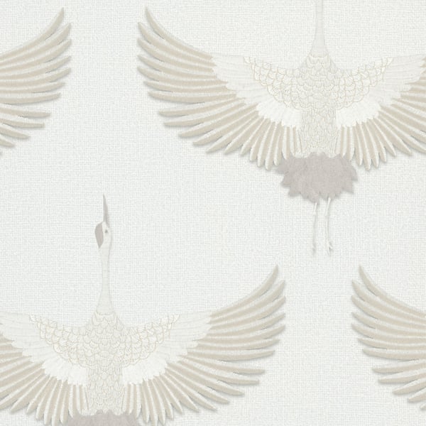 Cream-toned wallpaper with repeating flying cranes and a soft embossed texture.