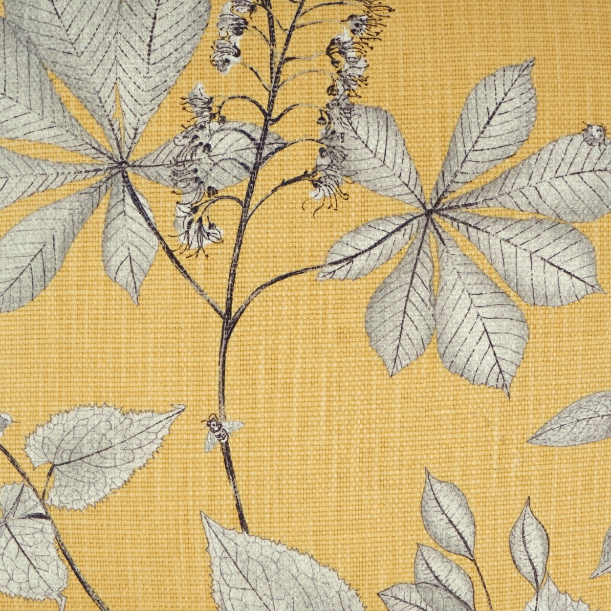 Yellow woven fabric with grey botanical print of large palmately compound leaves and slender stems.
