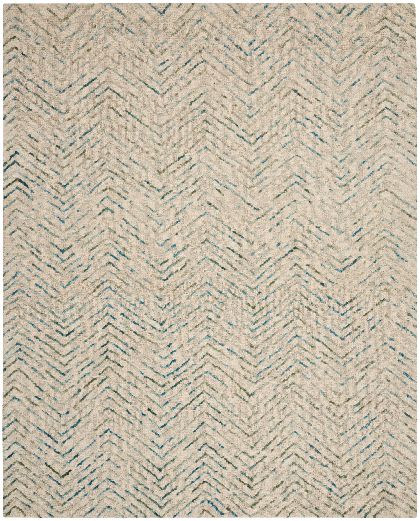 Cream rug with blue-teal chevron zigzag pattern; woven textile, casual coastal-style floor covering; 8' x 12'.