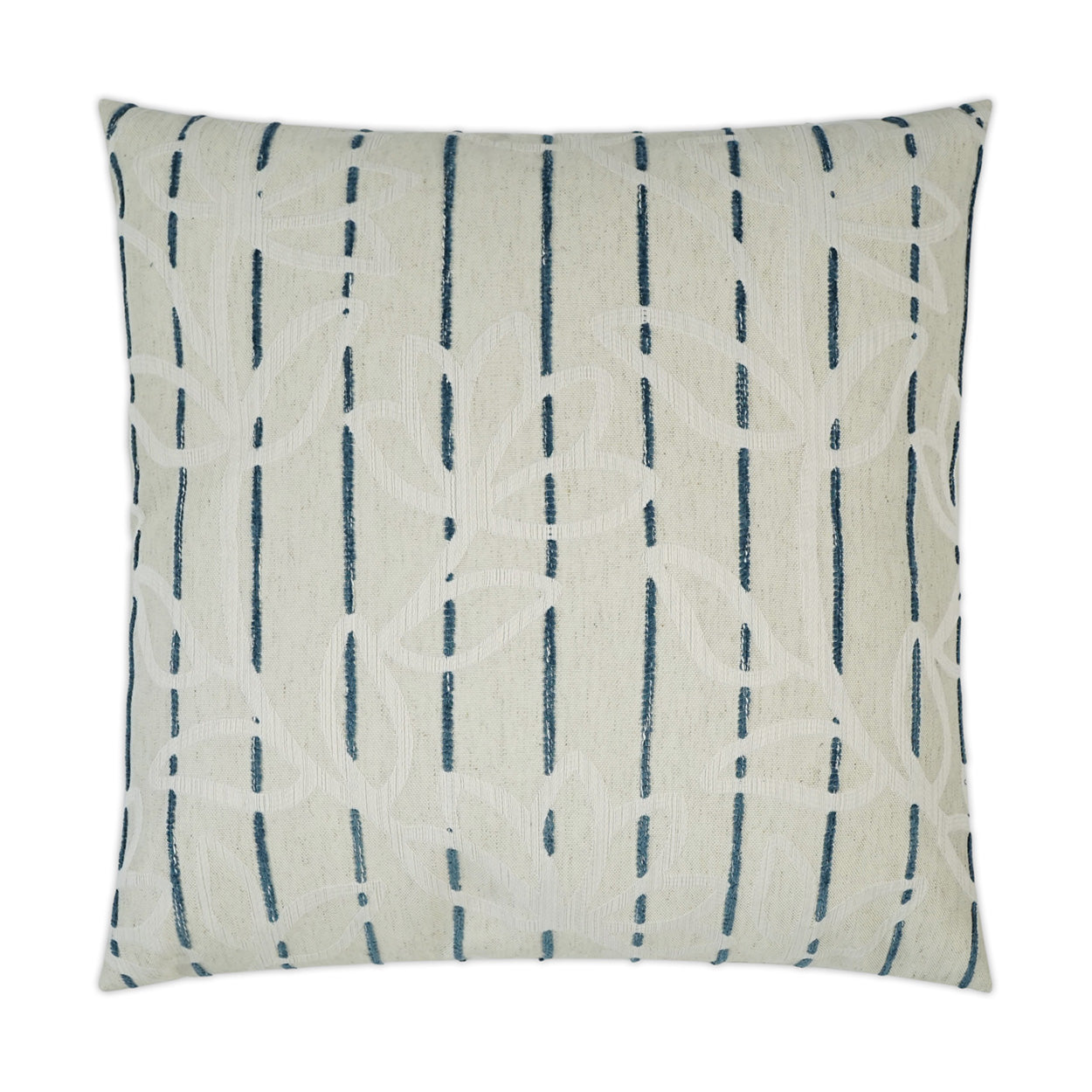 Square cream cushion with navy vertical lines and a subtle looping vine pattern.