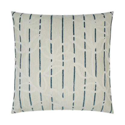 Square cream cushion with navy vertical lines and a subtle looping vine pattern.