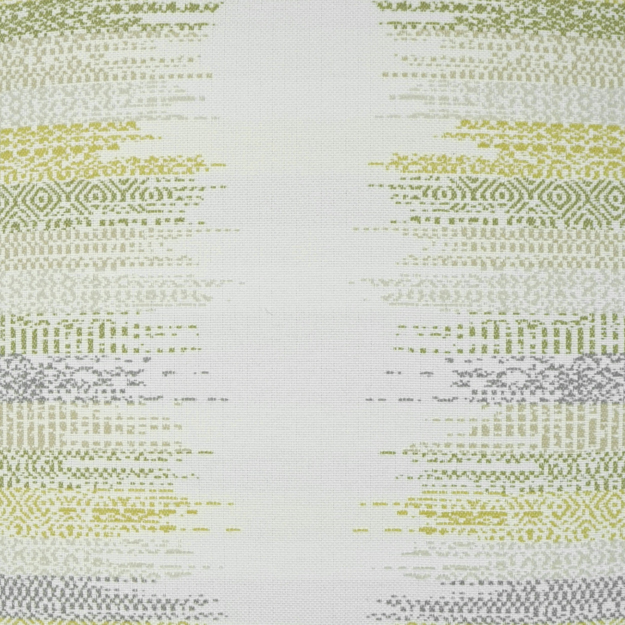 Light background fabric with horizontal geometric stripes in olive, yellow, and gray; abstract textile pattern.