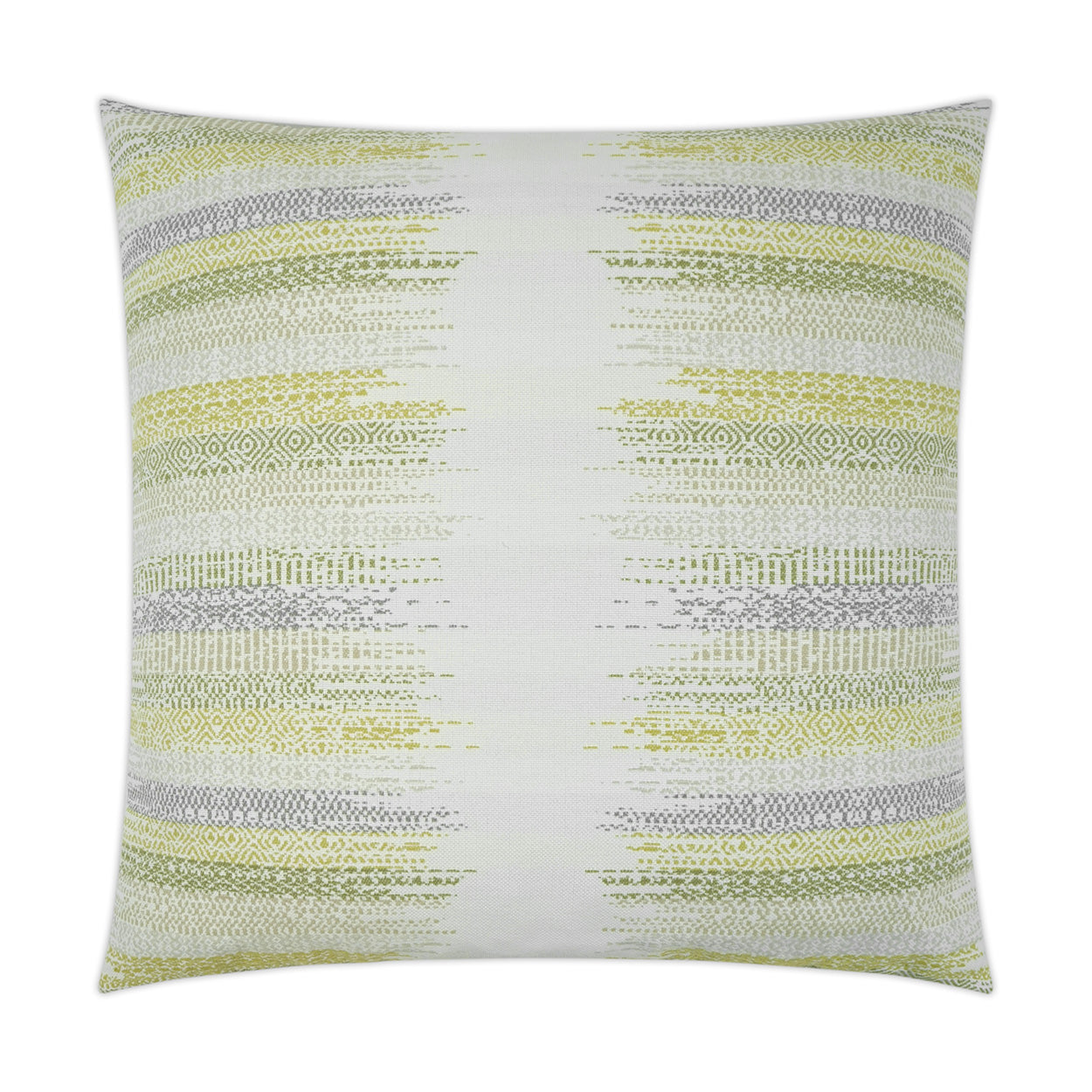 Square decorative throw pillow with abstract horizontal striped pattern in olive green, yellow and gray on off-white.